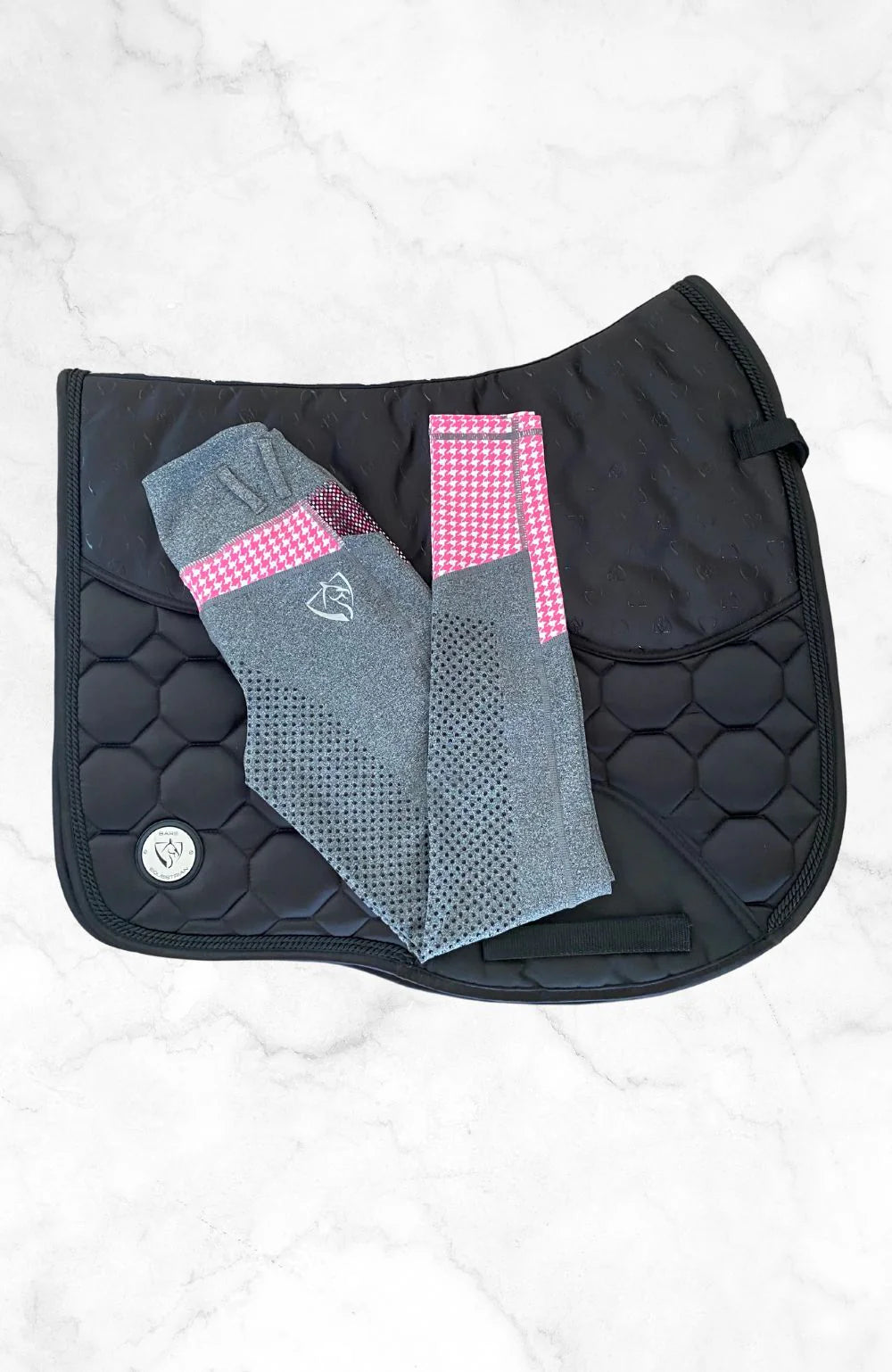 BARE Performance Riding Tights - Grey with Pink Houndstooth